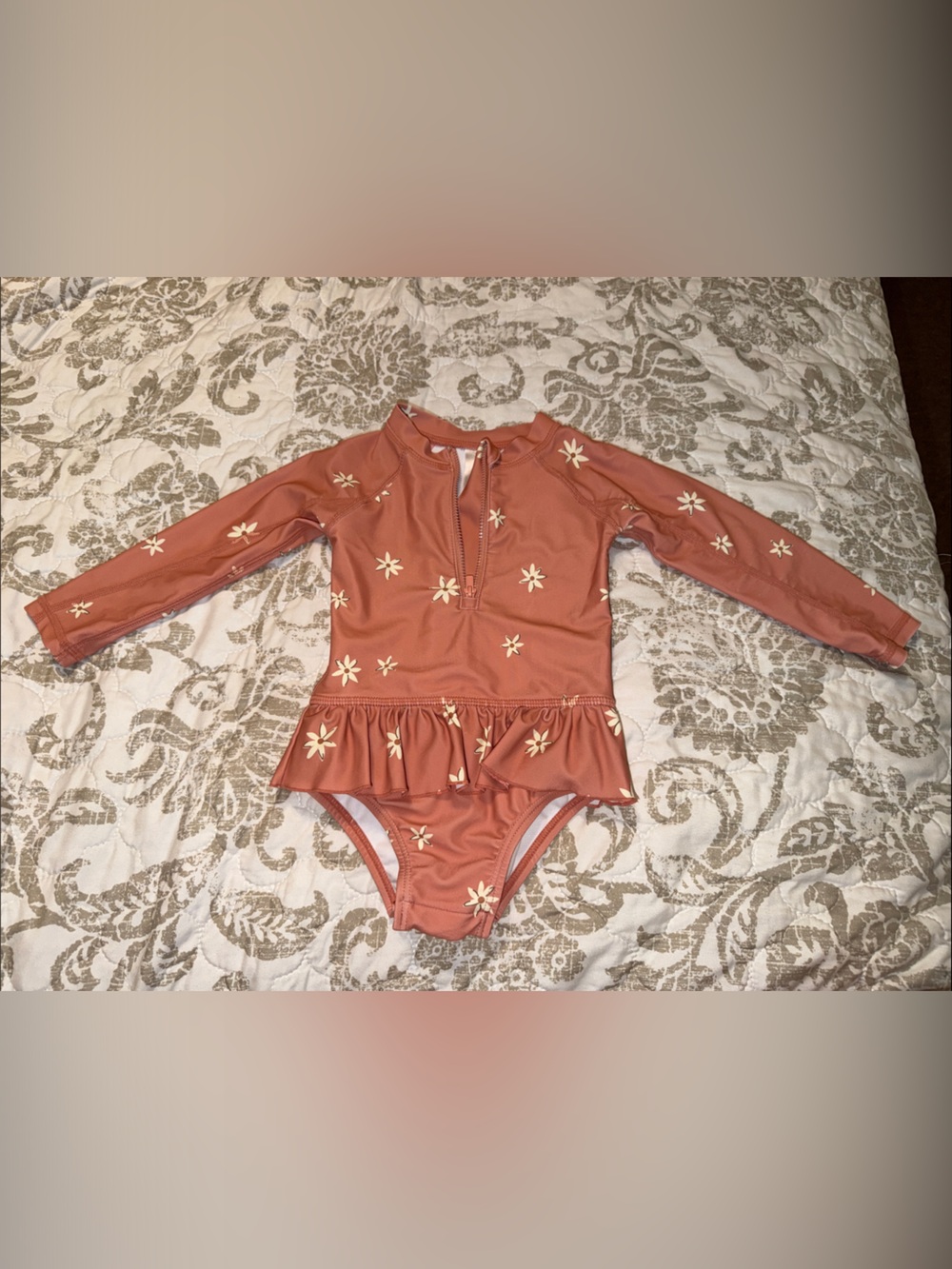 Gerber Girls Long Sleeve One-Piece Swimsuit Rust with Cream Floral